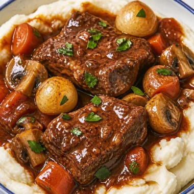 Easy French Beef Bourguignon with tender beef in rich red wine sauce