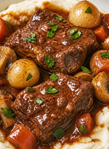 Easy French Beef Bourguignon with tender beef in rich red wine sauce