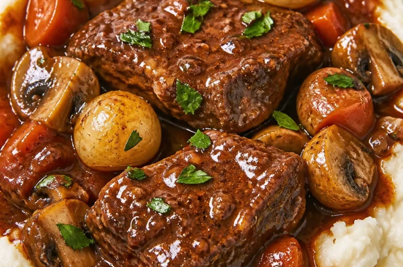 Easy French Beef Bourguignon with tender beef in rich red wine sauce