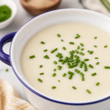 Easy French Vichyssoise recipe featuring chilled potato and leek soup garnished with chives.