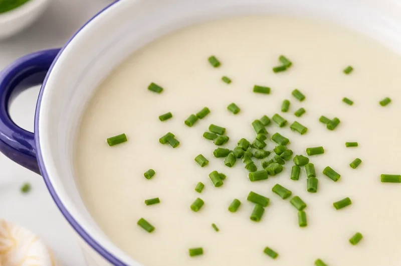 Easy French Vichyssoise recipe featuring chilled potato and leek soup garnished with chives.