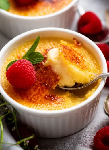 Classic French Crème Brûlée with silky vanilla custard and caramelized sugar topping.