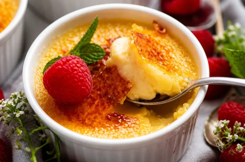 Classic French Crème Brûlée with silky vanilla custard and caramelized sugar topping.