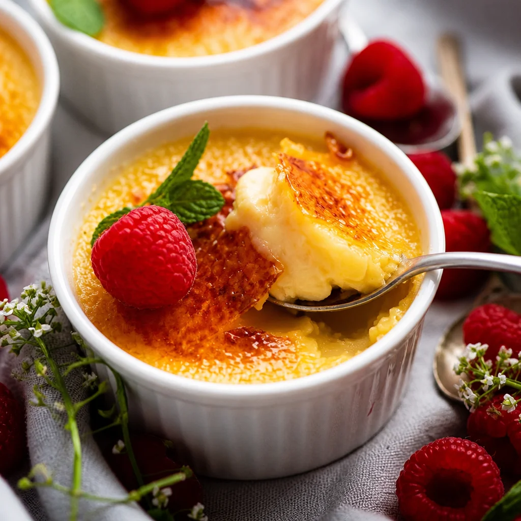 Classic French Crème Brûlée with silky vanilla custard and caramelized sugar topping.