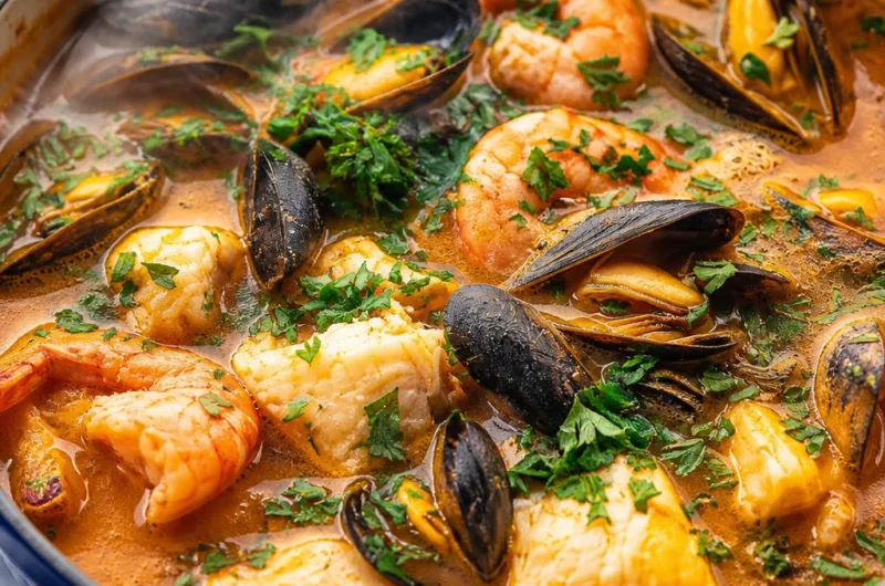 Traditional French Bouillabaisse, a seafood stew with saffron and fresh fish.