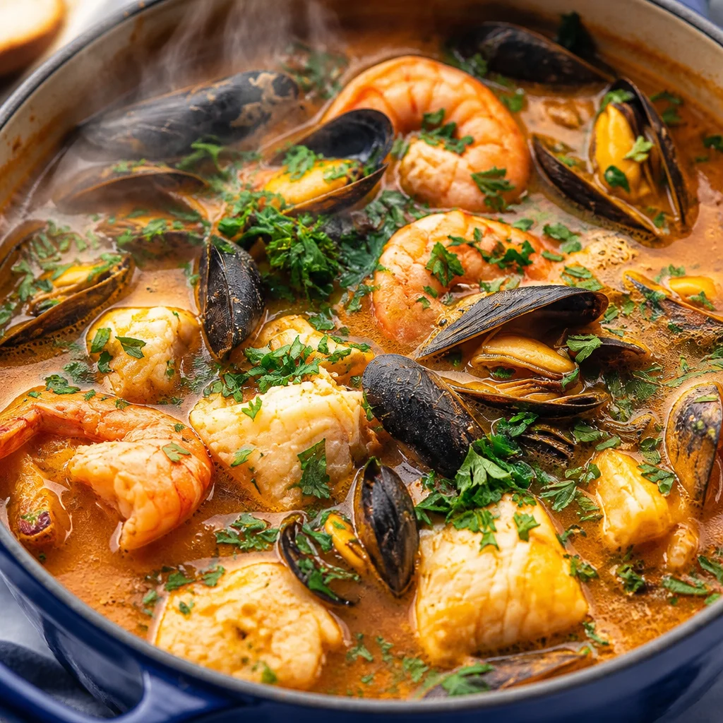 Traditional French Bouillabaisse, a seafood stew with saffron and fresh fish.