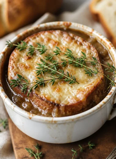 Delicious bowl of Classic French Onion Soup topped with Gruyère cheese and herbs.