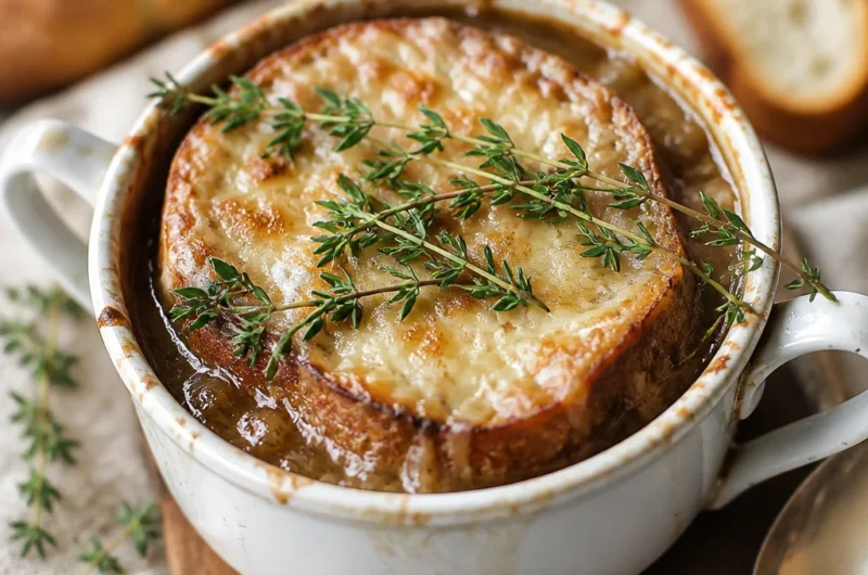 Delicious bowl of Classic French Onion Soup topped with Gruyère cheese and herbs.