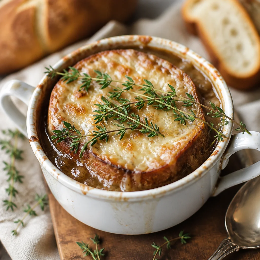 Delicious bowl of Classic French Onion Soup topped with Gruyère cheese and herbs.