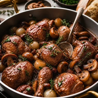 Classic Coq au Vin Recipe featuring chicken braised in red wine with mushrooms.