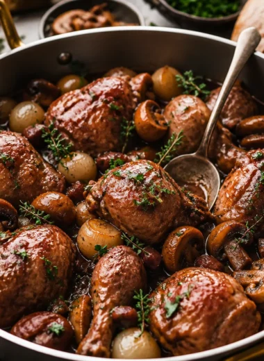 Classic Coq au Vin Recipe featuring chicken braised in red wine with mushrooms.