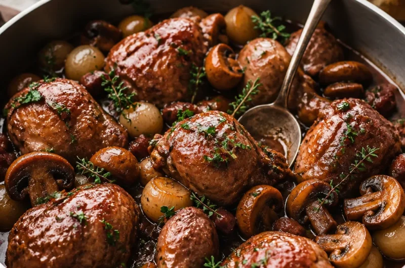 Classic Coq au Vin Recipe featuring chicken braised in red wine with mushrooms.