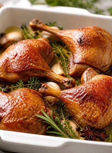 Traditional French Duck Confit, slow-cooked duck legs in rich duck fat.