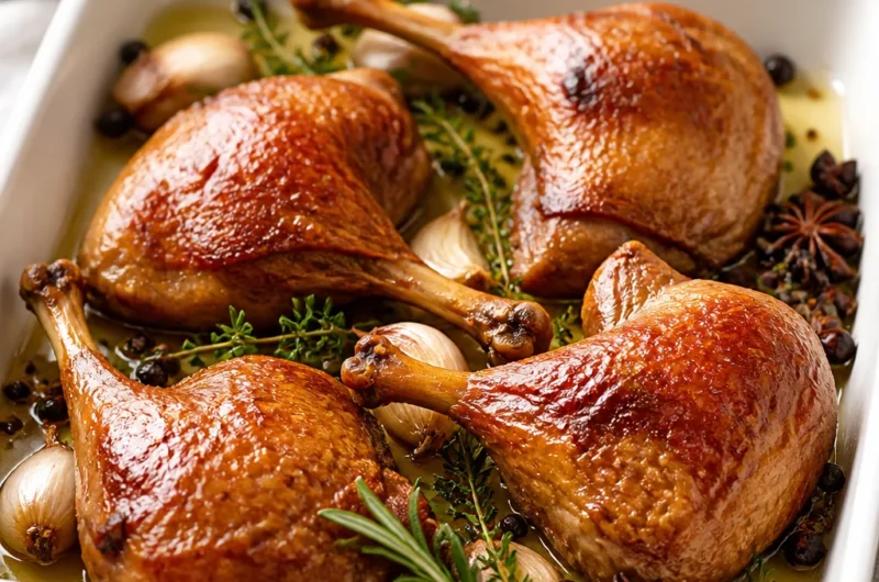 Traditional French Duck Confit, slow-cooked duck legs in rich duck fat.