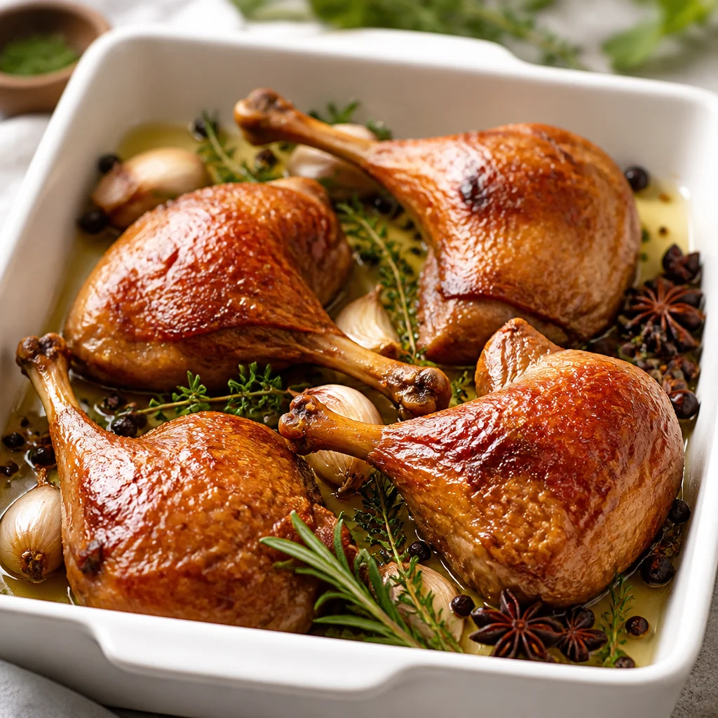 Traditional French Duck Confit, slow-cooked duck legs in rich duck fat.