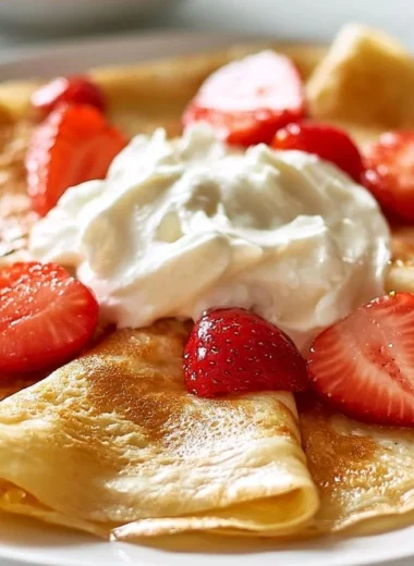 Delicious homemade authentic French crepes served with fresh fruit and syrup.