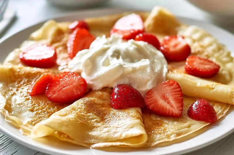 Delicious homemade authentic French crepes served with fresh fruit and syrup.