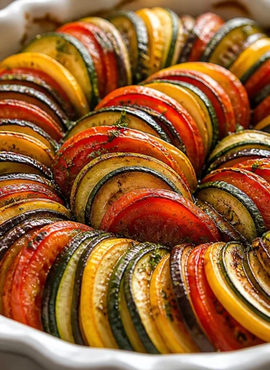 Bowl of classic French ratatouille with colorful summer vegetables and herbs.