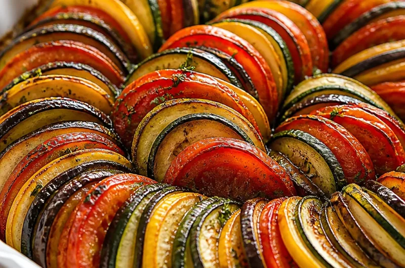 Bowl of classic French ratatouille with colorful summer vegetables and herbs.