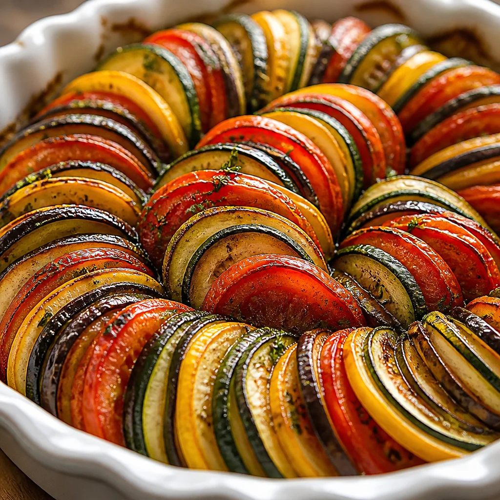 Bowl of classic French ratatouille with colorful summer vegetables and herbs.