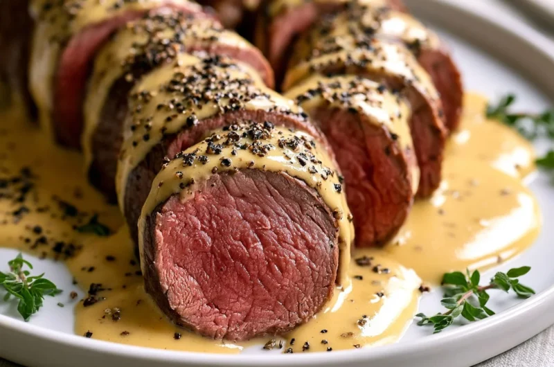 Cozy Chateaubriand beef tenderloin served with red wine sauce and vegetables