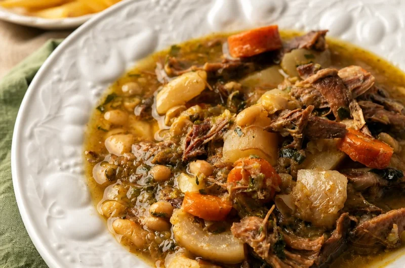 Bowl of comforting French Garbure, a hearty cabbage stew with vegetables and meat.