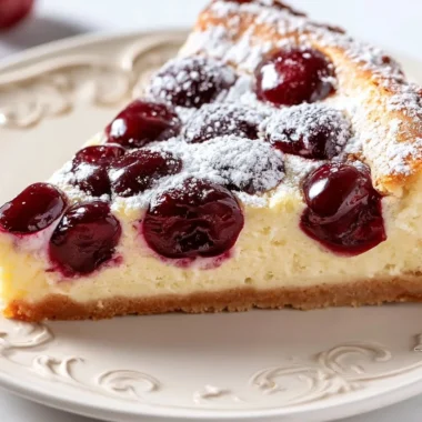 A delicious creamy cherry clafoutis bake featuring fresh cherries and a custard-like filling.