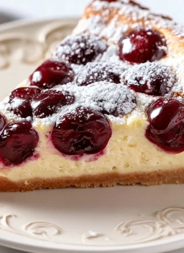A delicious creamy cherry clafoutis bake featuring fresh cherries and a custard-like filling.