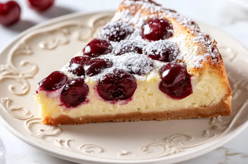 A delicious creamy cherry clafoutis bake featuring fresh cherries and a custard-like filling.