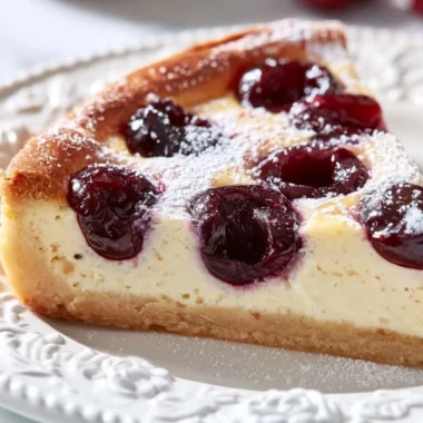 Creamy Cherry Clafoutis served in a rustic dish.