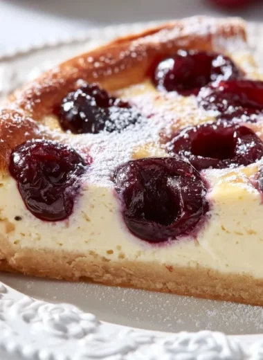 Creamy Cherry Clafoutis served in a rustic dish.