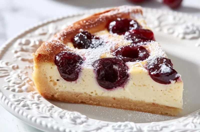 Creamy Cherry Clafoutis served in a rustic dish.