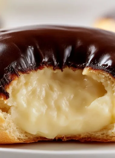 Delicious chocolate profiteroles filled with creamy pastry cream dessert