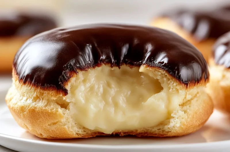 Delicious chocolate profiteroles filled with creamy pastry cream dessert