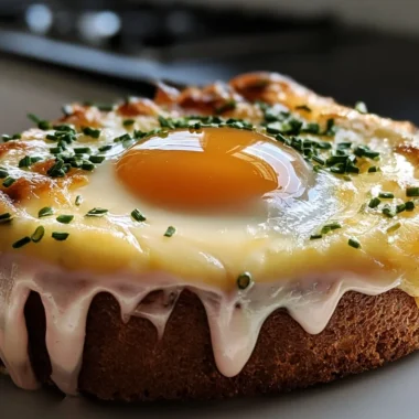 Delicious creamy Croque Madame with ham, cheese, and a fried egg on top.