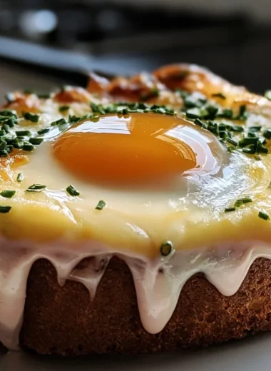 Delicious creamy Croque Madame with ham, cheese, and a fried egg on top.