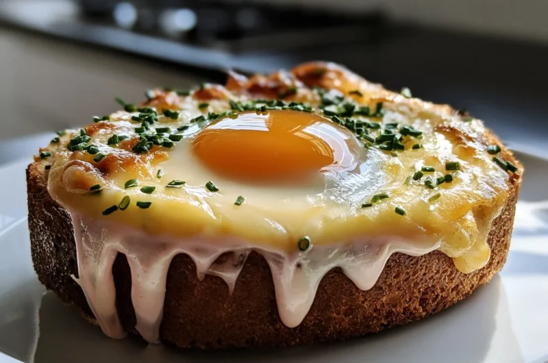 Delicious creamy Croque Madame with ham, cheese, and a fried egg on top.
