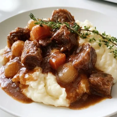 Creamy Provencal beef daube with vegetables and herbs in a rustic bowl
