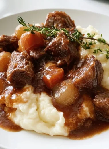 Creamy Provencal beef daube with vegetables and herbs in a rustic bowl