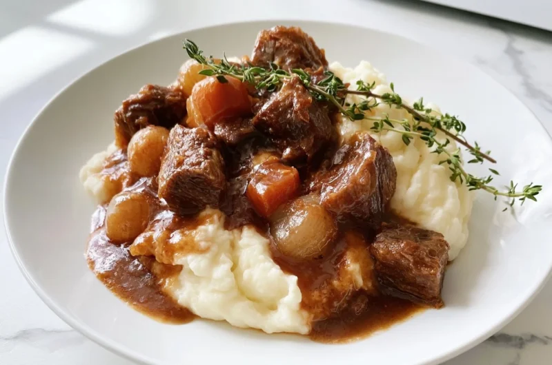 Creamy Provencal beef daube with vegetables and herbs in a rustic bowl