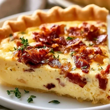 Delicious Creamy Quiche Lorraine fresh out of the oven, garnished with herbs.