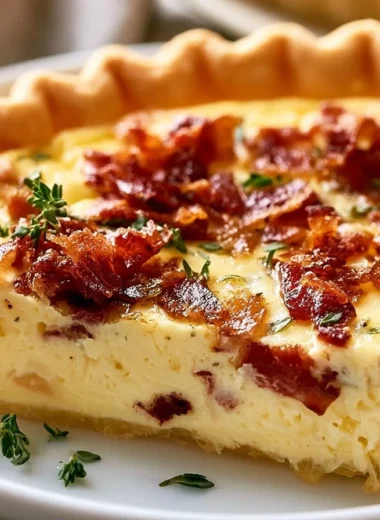 Delicious Creamy Quiche Lorraine fresh out of the oven, garnished with herbs.