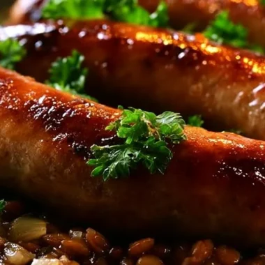 Creamy sausages served with lentils on a plate, garnished with herbs.