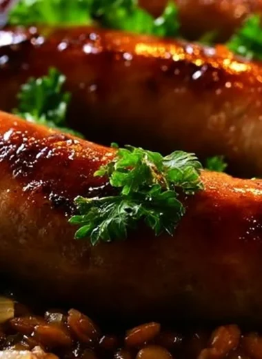 Creamy sausages served with lentils on a plate, garnished with herbs.