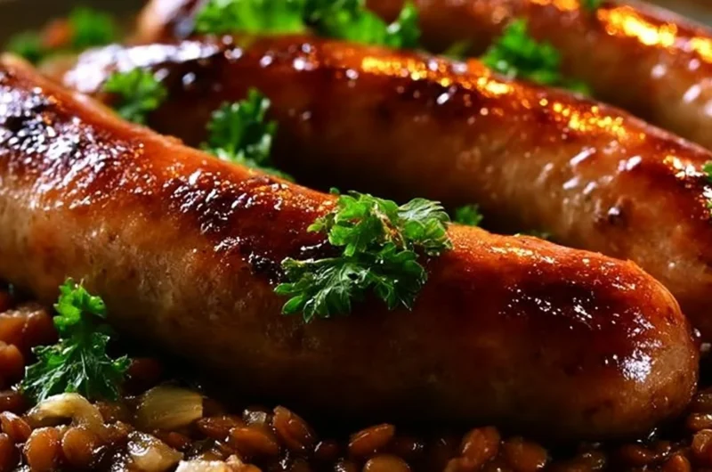 Creamy sausages served with lentils on a plate, garnished with herbs.