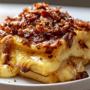 Delicious creamy tartiflette with potatoes and crispy bacon topped with melted cheese