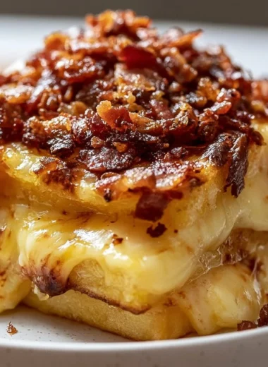 Delicious creamy tartiflette with potatoes and crispy bacon topped with melted cheese