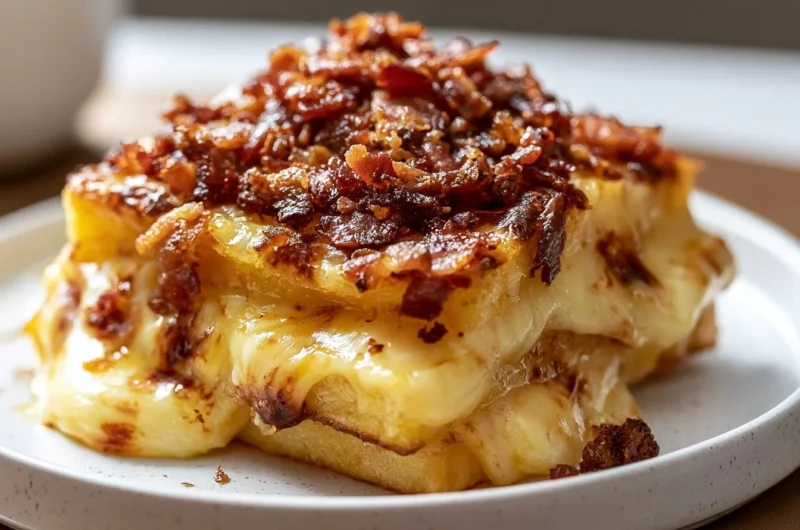 Delicious creamy tartiflette with potatoes and crispy bacon topped with melted cheese