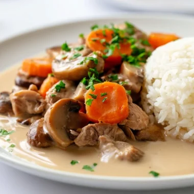 Creamy veal blanquette stew served in a bowl, garnished with fresh herbs