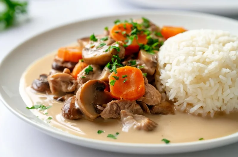 Creamy veal blanquette stew served in a bowl, garnished with fresh herbs